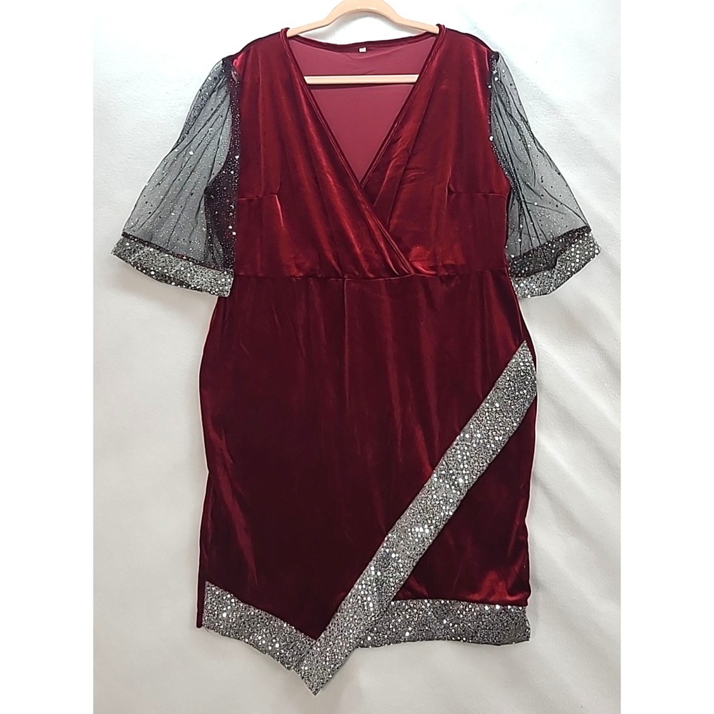 2XL Red Velvet Silver Moon And Star Tulle Sleeves Party Cocktail New Years Dress
